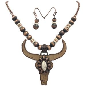 Cork Longhorn Steer Skull Stone Bead Necklace Set